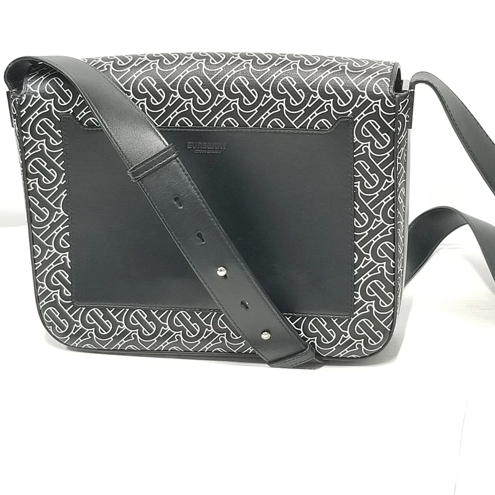 BURBERRY Calfskin Monogram TB Print Black and White Messenger Crossbody Bag